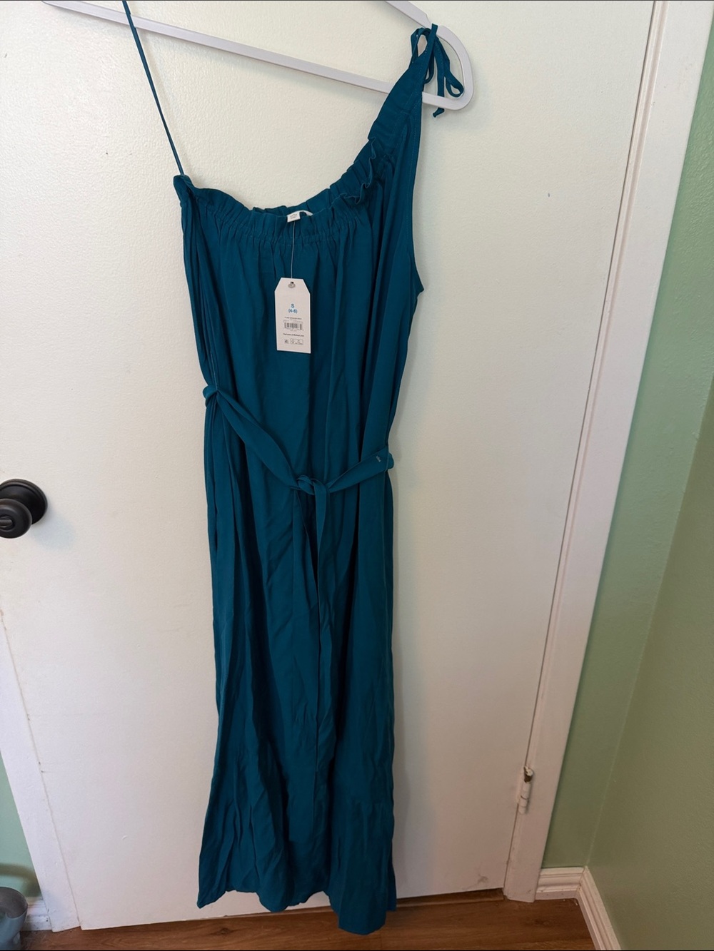 Women’s Teal One-Shoulder Maxi Dress with Waist Tie